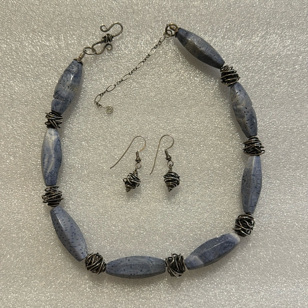 Blue Sponge Coral and Sterling Necklace and Earring Set